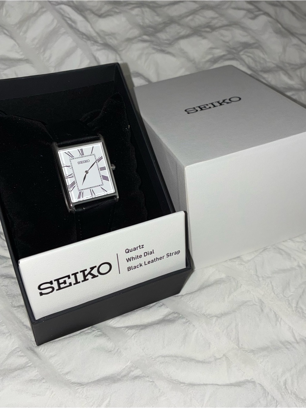 Seiko Black Leather Strap White Dial Rectangular Watch